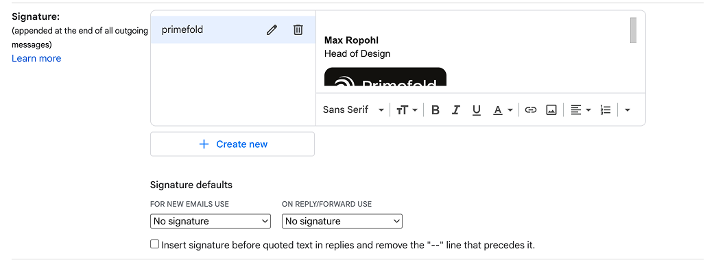 Gmail signature settings showing where to paste the signature
